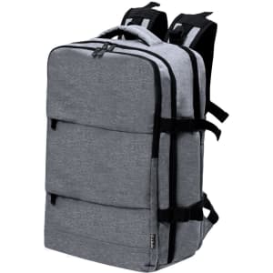 A grey Myriax Backpack with multiple compartments and padded shoulder straps. It features a logo on the front.