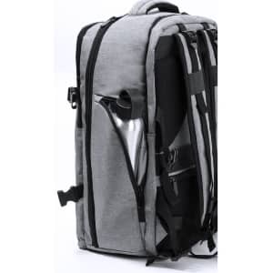 A grey backpack featuring multiple compartments and a side pocket holding a drink bottle. It includes a visible logo.