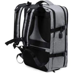 A grey Myriax backpack with black straps and mesh detailing on the back for added comfort. Features a logo.