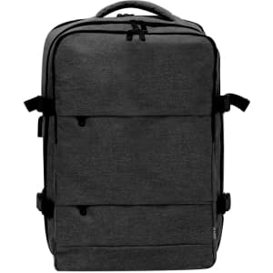 A dark grey backpack with multiple compartments and black straps, featuring a logo on the front.