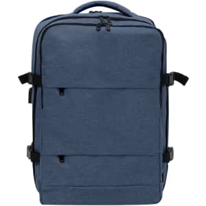 A navy blue Myriax backpack with multiple compartments and adjustable straps, featuring a logo on the front.