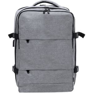 A grey Myriax backpack with multiple compartments and zippers, featuring adjustable straps and a logo.