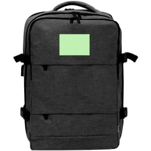A black Myriax backpack featuring multiple compartments and straps, with a green blank patch on the front.