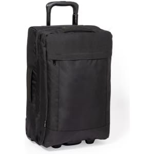 A black wheeled bag with a retractable handle and front pocket, featuring a logo.