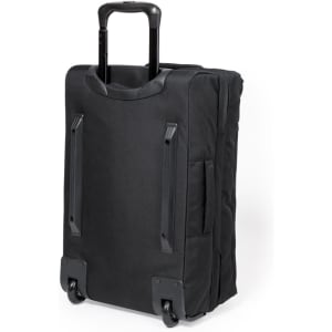 A black wheeled bag with a retractable handle and fabric exterior, featuring exterior pockets and rolling wheels.
