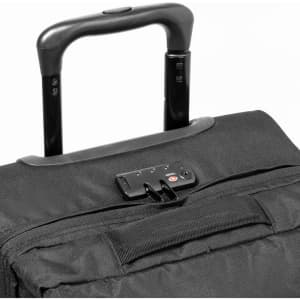 A black wheeled bag featuring a retractable handle and a locking mechanism, with a logo present.