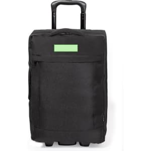 A black wheeled bag with a retractable handle and a front pocket. It features a logo on the side.
