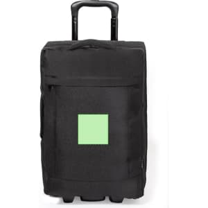 A black wheeled bag with a retractable handle and a rectangular green logo area on the front.