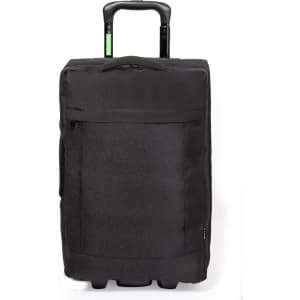 A black wheeled bag with a retractable handle, featuring a logo on the front.