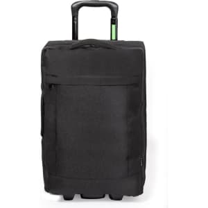 A black wheeled bag with a retractable handle and a logo, featuring a simple and sleek design.