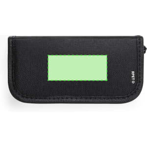 A black shoe cleaning set bag with a textured surface and a branding logo, featuring a green rectangular space.