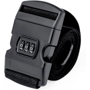 A black luggage strap featuring a combination lock and adjustable length, designed for securing bags.