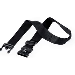 A black luggage strap featuring a combination lock and adjustable buckle, designed for securing bags.