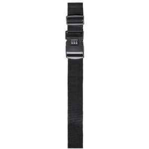 A black luggage strap featuring a combination lock and adjustable length for secure fastening.