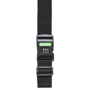 A black luggage strap with a combination lock and adjustable length for securing bags.