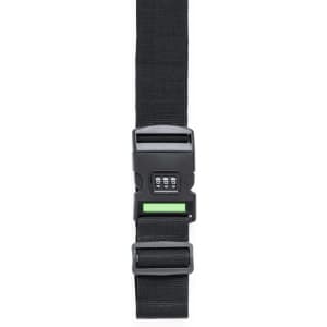 A black luggage strap featuring a combination lock and adjustable buckle, designed for securing bags.