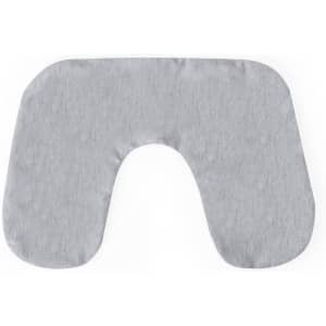 A grey travel neck pillow with a U-shaped design, featuring a soft texture. It has a logo.