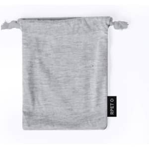A grey drawstring bag made from RPET material with a small tag.
