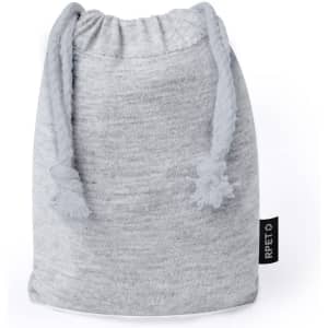 A grey fabric drawstring bag with a textured finish and a logo on the side.