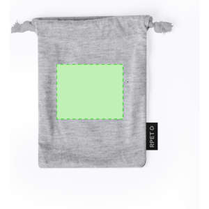 A grey toiletry bag featuring a drawstring closure and a branding tag on the side.