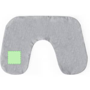 A grey travel neck pillow featuring a soft fabric and a green logo area. Ideal for comfort on the go.