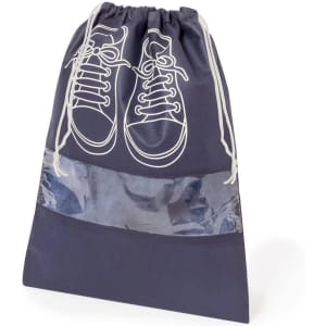 A drawstring shoe bag in navy blue featuring a transparent section and a shoe print design. It has a logo.