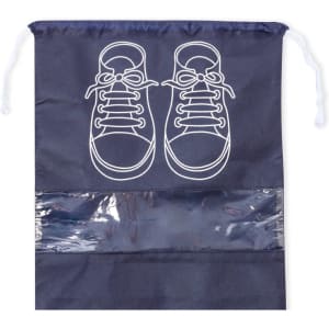 A navy shoe bag with a drawstring closure and a transparent section at the bottom, featuring a shoe graphic.
