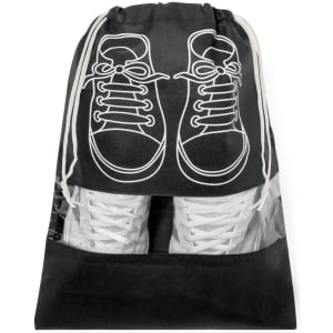 A black shoe bag with a transparent panel and a white illustrated design of shoelaces and shoes. It has a drawstring closure.