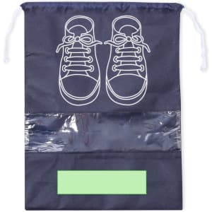 A navy shoe bag featuring a graphic of sneakers and a transparent section for identification. It has a drawstring closure.