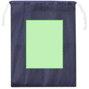 A navy shoe bag with a green stitched rectangular area and drawstring closure. It has a branding logo.