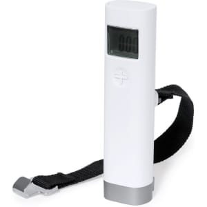 A white luggage scale with a digital display and a black strap for easy handling.