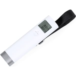 A white luggage scale with a digital display and a black strap. It has a sleek design and a metallic bottom.