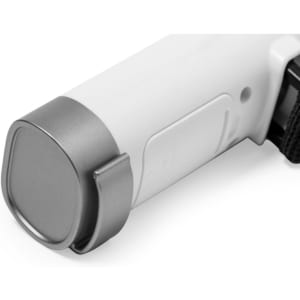 A luggage scale with a sleek white body and a silver measuring end, featuring a textured grip.