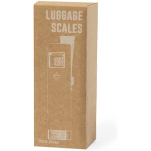 A brown cardboard box featuring luggage scales design with a logo. The box is simple and unembellished.