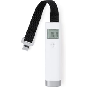 A white digital luggage scale with a black strap, featuring an LCD display for weight measurements.