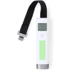 A luggage scale with a black strap, featuring a white body and a green accent area for branding.
