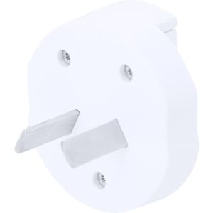 A white travel adapter with two metal pins and a round body, featuring a logo on the side.