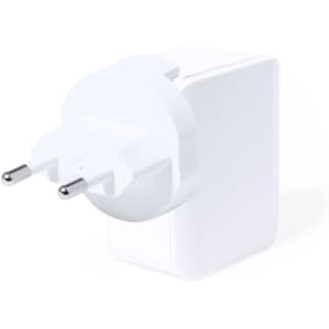 A white travel adapter with two prongs, featuring a compact design and a branding logo.