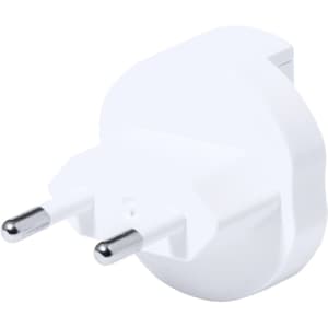 A white travel adapter with two pins and a rounded design, featuring a small logo on its surface.