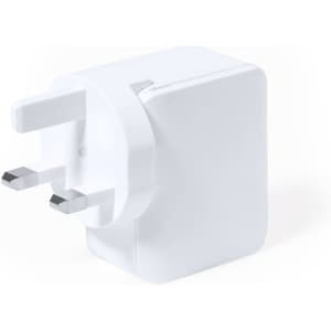 A white plug adapter with two prongs, featuring a compact design and a small logo.