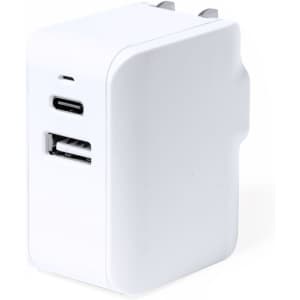 A white travel adapter with USB-C and USB ports, featuring a compact design and integrated plug.