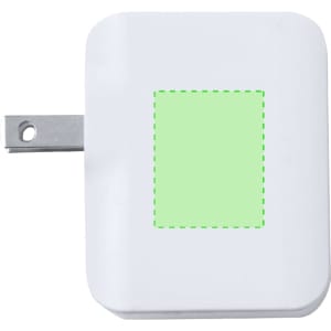 A white travel plug adapter with a metal prong and a blank square area. Features a logo on the surface.