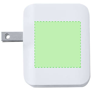 A white travel adapter with a plug, featuring a blank green area. The product has a smooth finish and a compact design.