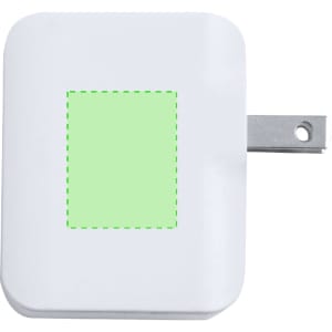A white plug adapter with a rectangular section and a grey prong. It has a simple, modern design and features a logo.