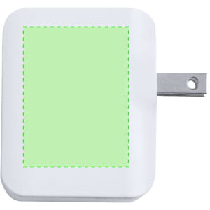 A white travel adapter with a green section and a prong for plugging into outlets. It features a branding logo.