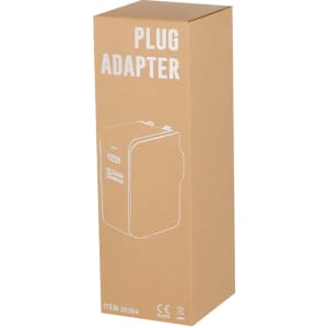 A plug adapter in a plain brown box with a simple design. The adapter features a white outline and has a logo.