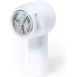 A lint remover in white with a circular head and a mesh surface for catching lint. It features a simple, ergonomic design.
