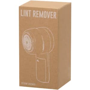 A brown cardboard box containing a lint remover, featuring a round cleaning head design. The box has a logo.