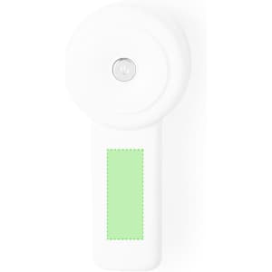 A white lint remover with a round head and a green accent on the handle. It features a logo on the side.