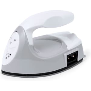 A compact grey steam iron with a white handle and a small power port. The design features a smooth surface for easy handling.